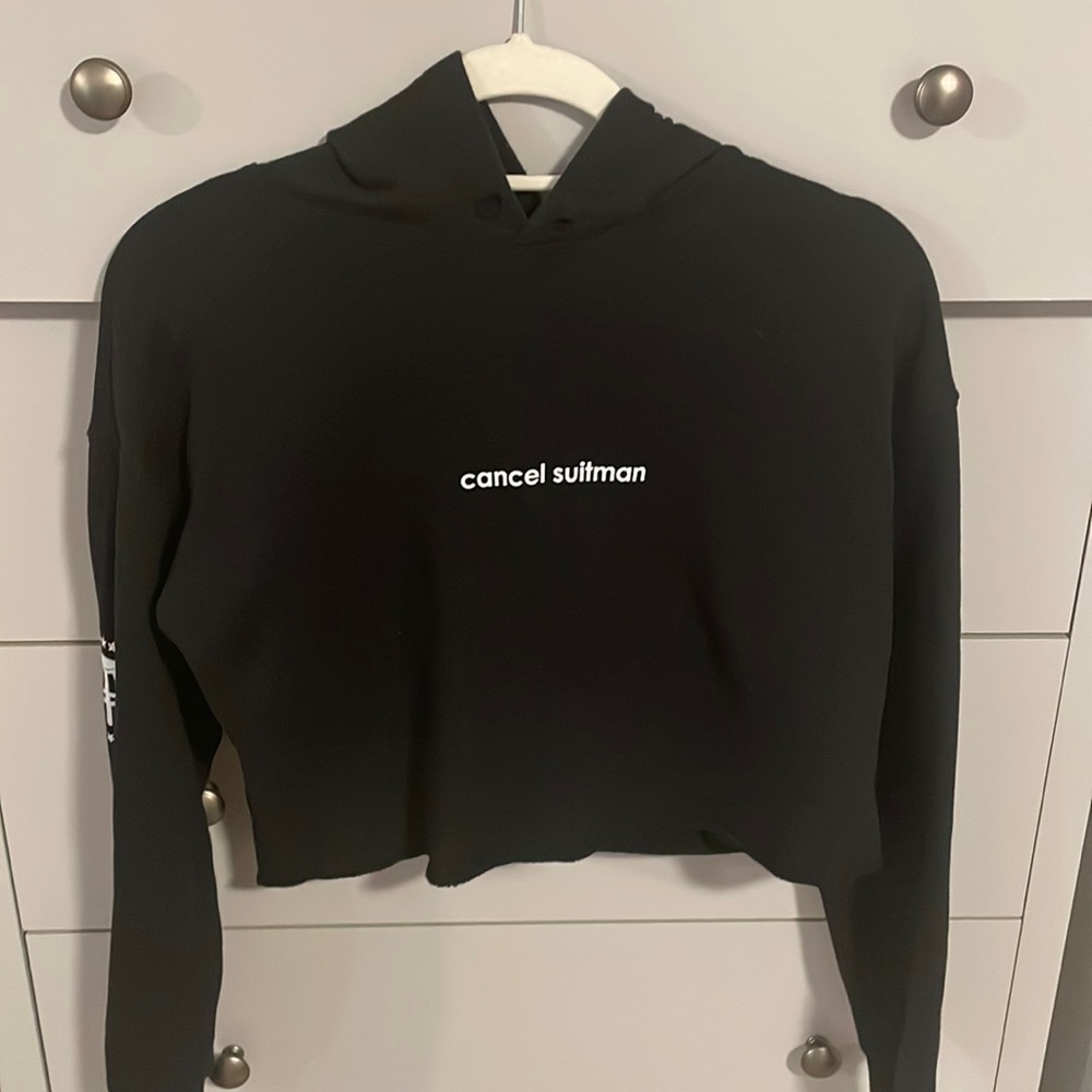 Call Her Daddy black cropped hoodie “cancel suitman”